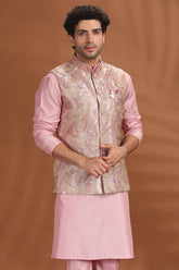 Pink Silk Kurta Pajama with Printed Jacket